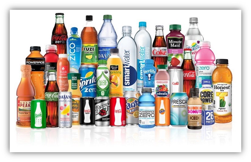 Foto que muestra las distintas marcas y bebidas propiedad de Coca Cola.